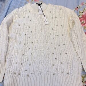 Express embellished, cream, color, sweater, size large gems cable knit